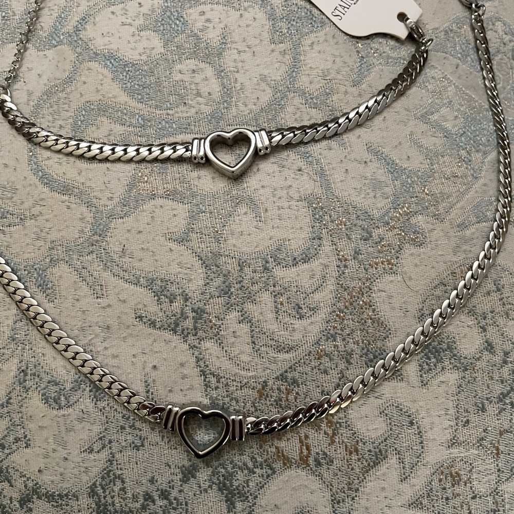 Silver Heart Chain Necklace and Bracelet